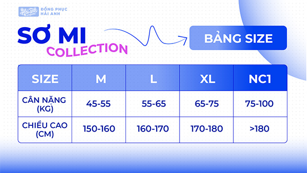 Bảng size áo lớp sơ mi